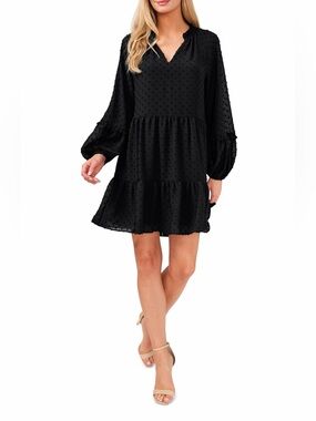 CeCe Black Swiss Dot Mini Tiered V-Neck Dress